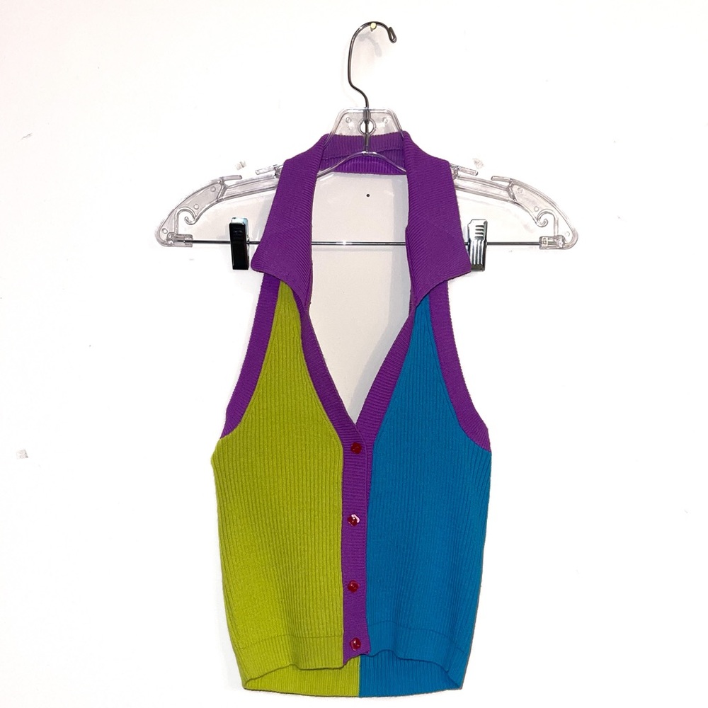 Color Block Halter With Flower Buttons - image 1